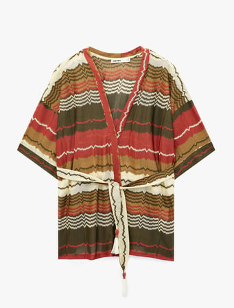 Kısa Kollu Kemerli Desenli Oversize Kimono