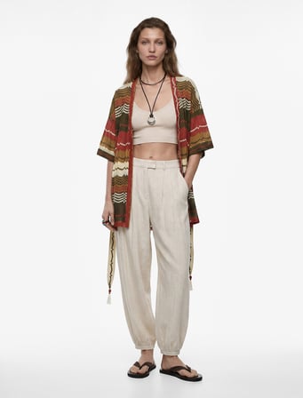 Kısa Kollu Kemerli Desenli Oversize Kimono