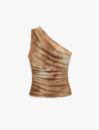 Batik Desenli Drapeli Tül Slim Fit Tek Omuz Bluz