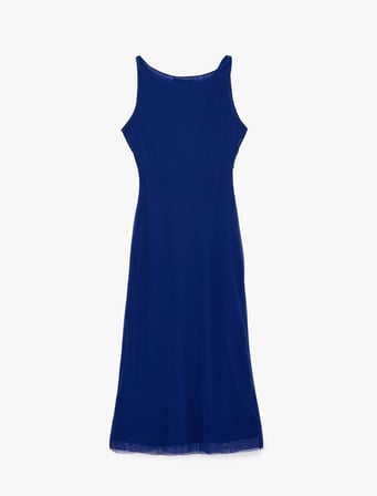 Slim Fit Asimetrik Drapeli Kayık Yuvarlak Yaka Kolsuz Midi Elbise