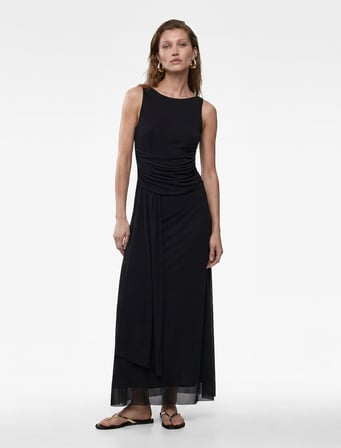 Slim Fit Asimetrik Drapeli Kayık Yuvarlak Yaka Kolsuz Midi Elbise