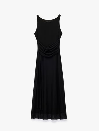 Slim Fit Asimetrik Drapeli Kayık Yuvarlak Yaka Kolsuz Midi Elbise