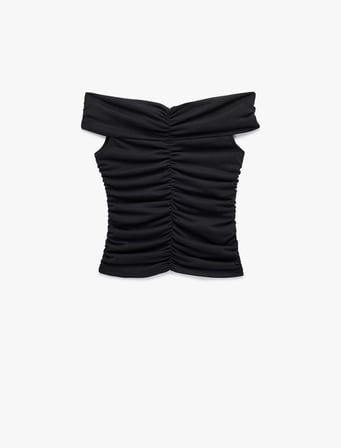 Büzgülü Kolsuz Slim Fit Modal Omzu Açık Bluz