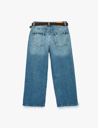 Kemerli Pamuklu Normal Bel Cepli Geniş Paça Denim Pantolon - Wide Leg Jean