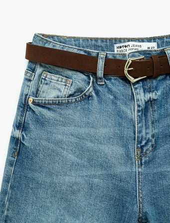 Kemerli Pamuklu Normal Bel Cepli Geniş Paça Denim Pantolon - Wide Leg Jean