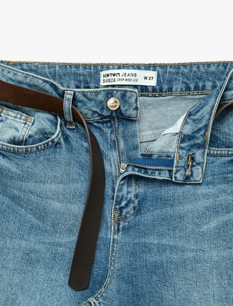Kemerli Pamuklu Normal Bel Cepli Geniş Paça Denim Pantolon - Wide Leg Jean