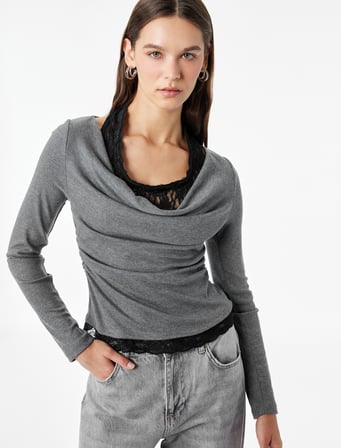 Viskon Karışımlı Slim Fit Uzun Kollu Dantel Detaylı Halter Yaka Tişört