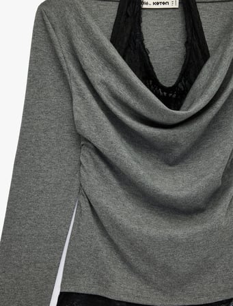 Viskon Karışımlı Slim Fit Uzun Kollu Dantel Detaylı Halter Yaka Tişört