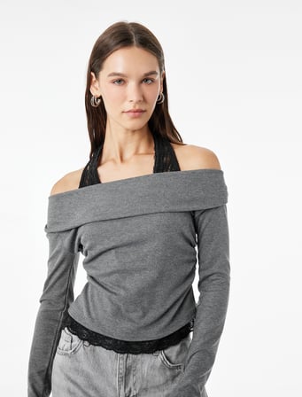 Viskon Karışımlı Slim Fit Uzun Kollu Dantel Detaylı Halter Yaka Tişört