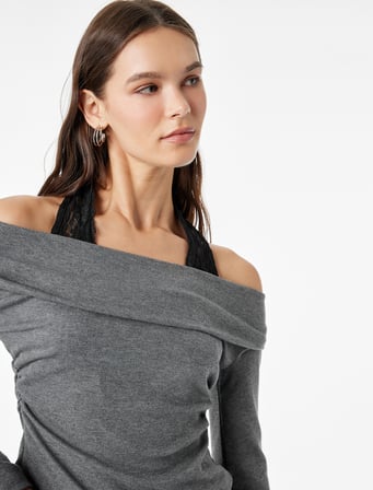 Viskon Karışımlı Slim Fit Uzun Kollu Dantel Detaylı Halter Yaka Tişört