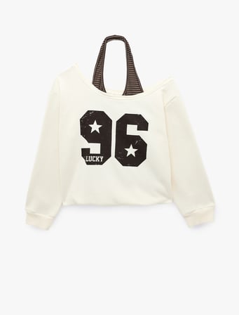 Halter Yaka Uzun Kollu Şardonlu Baskılı Sweatshirt