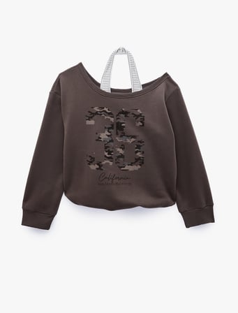 Halter Yaka Uzun Kollu Şardonlu Baskılı Sweatshirt