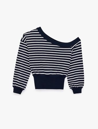 Rahat Kalıp Kayık Yaka Uzun Kollu Çizgili Crop Sweatshirt