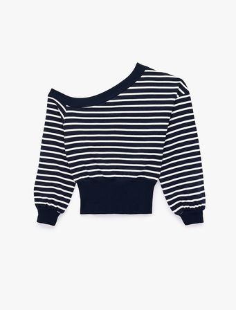 Rahat Kalıp Kayık Yaka Uzun Kollu Çizgili Crop Sweatshirt