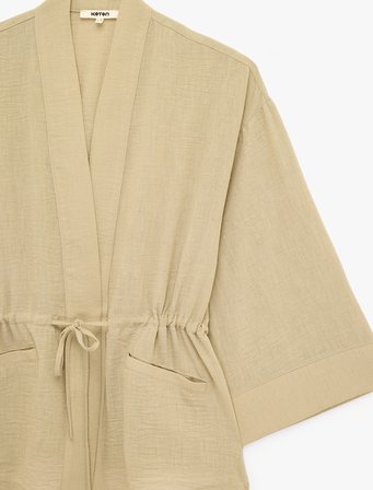 Geniş Uzun Kollu Cepli Beli Bağcıklı Oversize Kimono Ceket