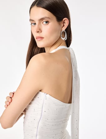 Sırt Detaylı Drapeli Taşlı Halter Yaka Kolsuz Mini Tül Bridal Elbise