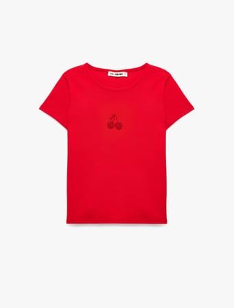Pamuklu Taş Detaylı Slim Fit Kısa Kollu Bisiklet Yaka Kirazlı Tişört