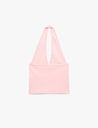 Pamuklu Dikiş Detaylı Kolsuz Slim Fit Crop Halter Yaka Bluz