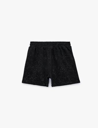 Slim Fit Beli Bağcıklı Cepli Simli Mini Şort