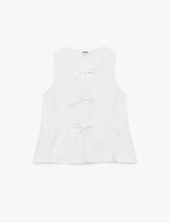 Pamuklu Kolsuz Yuvarlak Yaka Peplum Kesim Fiyonklu Poplin Bluz