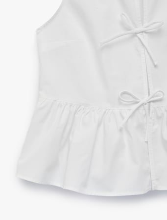 Pamuklu Kolsuz Yuvarlak Yaka Peplum Kesim Fiyonklu Poplin Bluz