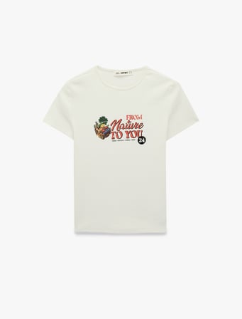 Pamuklu Slim Fit Kısa Kollu Bisiklet Yaka Meyve Baskılı Tişört