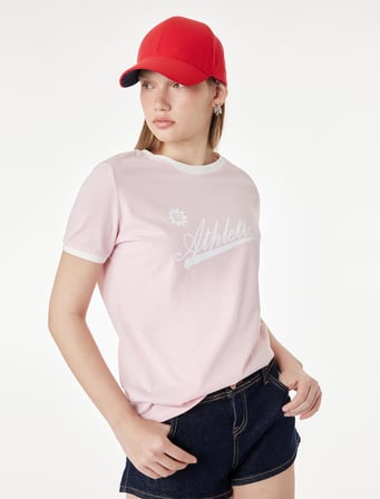 Biyeli Regular Fit Kısa Kollu Pamuklu Bisiklet Yaka Baskılı Tişört
