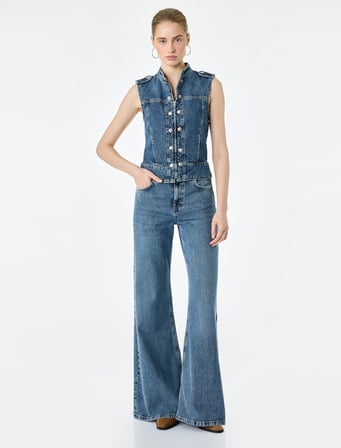 Normal Bel Düğmeli Cepli İspanyol Paça Denim Pantolon - Flare Jeans
