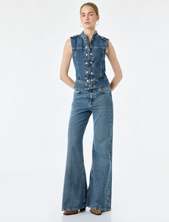 Normal Bel Düğmeli Cepli İspanyol Paça Denim Pantolon - Flare Jeans