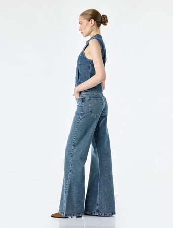 Normal Bel Düğmeli Cepli İspanyol Paça Denim Pantolon - Flare Jeans