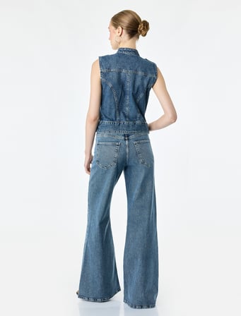 Normal Bel Düğmeli Cepli İspanyol Paça Denim Pantolon - Flare Jeans