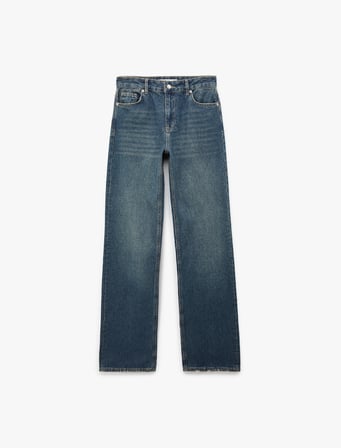 Normal Bel Straight Fit Pamuklu Duble Paça Denim Pantolon - Straight Fit Jean