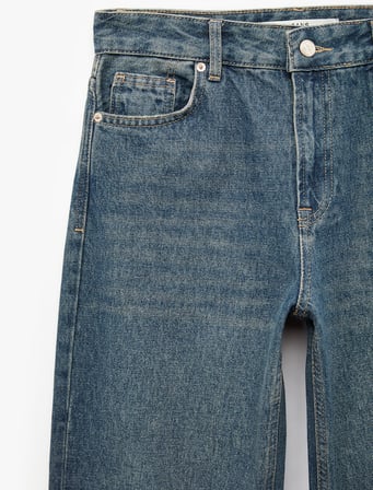 Normal Bel Straight Fit Pamuklu Duble Paça Denim Pantolon - Straight Fit Jean