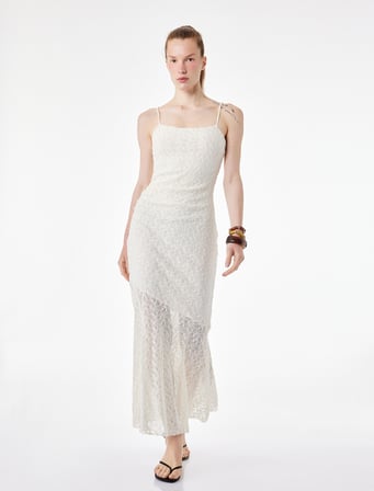 Slim Fit Drape Detaylı Pileli Midi Boy İnce Askılı Dantel Elbise