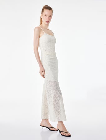 Slim Fit Drape Detaylı Pileli Midi Boy İnce Askılı Dantel Elbise