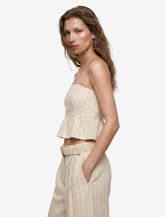 Koton X Melis Ağazat - Slim Fit Keten Karışımlı Fırfırlı Çizgili Straplez Crop Üst