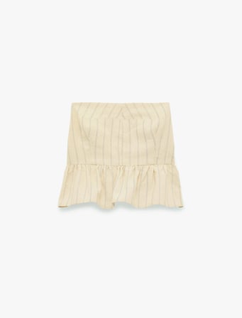 Koton X Melis Ağazat - Slim Fit Keten Karışımlı Fırfırlı Çizgili Straplez Crop Üst