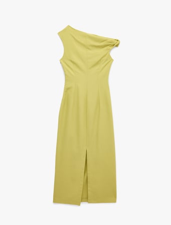 Koton X Melis Ağazat - Kolsuz Aksesuarlı Asimetrik Yaka Omzu Açık Uzun Elbise