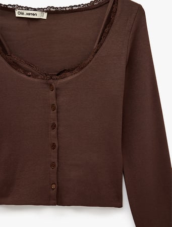 Modal Karışımlı Dantel Detaylı Slim Fit Kısa Kollu U Yaka Hırka