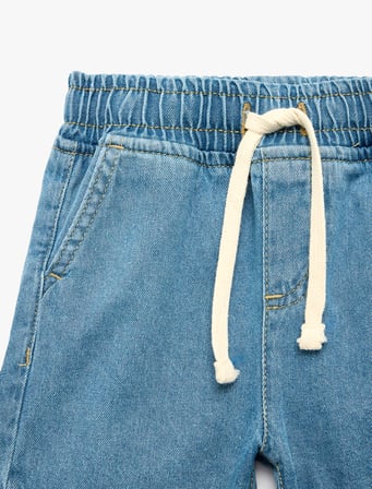 Pamuklu Cepli Beli Bağcıklı Denim Şort