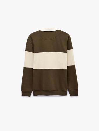 Renk Bloklu Nakışlı Polo Yaka Uzun Kollu Sweatshirt