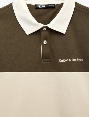 Renk Bloklu Nakışlı Polo Yaka Uzun Kollu Sweatshirt