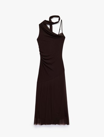 Slim Fit Fular Detaylı Asimetrik Kesim Askılı Tek Omuz Midi Tül Elbise