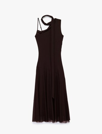 Slim Fit Fular Detaylı Asimetrik Kesim Askılı Tek Omuz Midi Tül Elbise