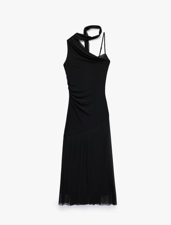 Slim Fit Fular Detaylı Asimetrik Kesim Askılı Tek Omuz Midi Tül Elbise