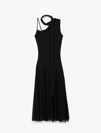 Slim Fit Fular Detaylı Asimetrik Kesim Askılı Tek Omuz Midi Tül Elbise