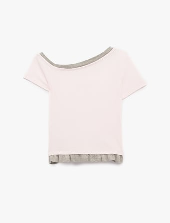 Asimetrik Fiyonk Baskılı Slim Fit İkili Kayık Yaka Kısa Kollu Tişört