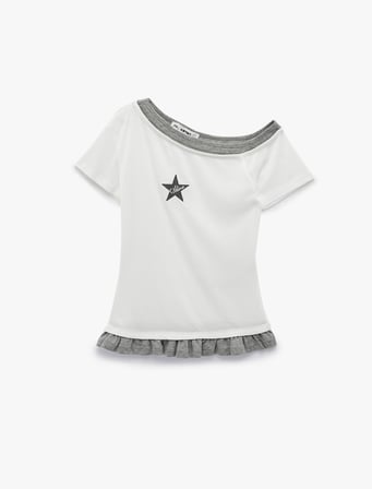 Asimetrik Kayık Yaka Baskılı Slim Fit Kısa Kollu Fırfırlı İkili Tişört