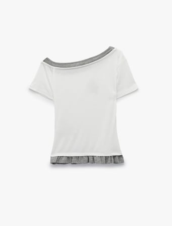 Asimetrik Kayık Yaka Baskılı Slim Fit Kısa Kollu Fırfırlı İkili Tişört