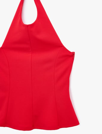 Slim Fit Bel Vurgulu Halter Yaka Kolsuz Peplum Bluz